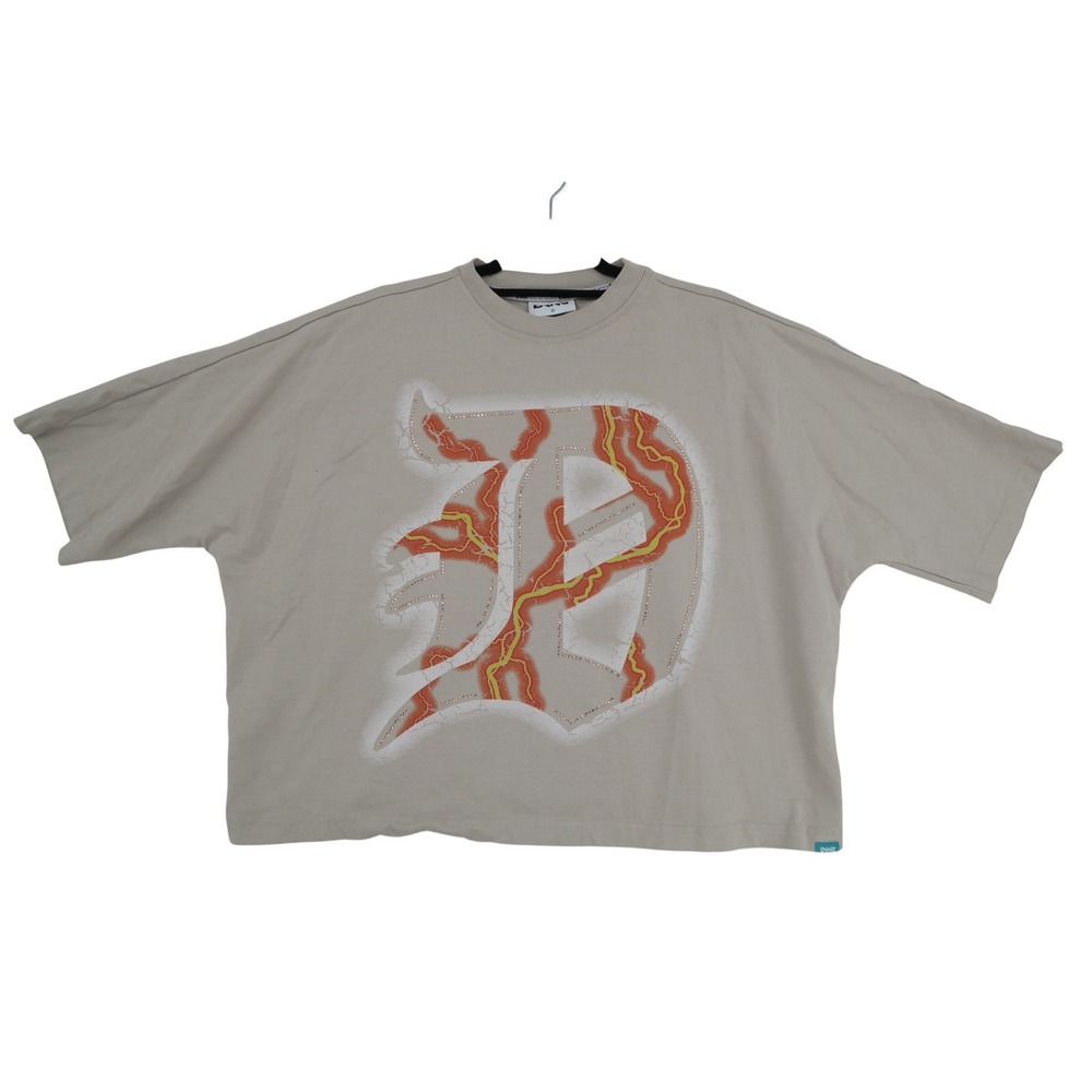 Rhinestone Mens Oversized Graphic T-Shirt Tan Lightning Bolt Streetwear Size S